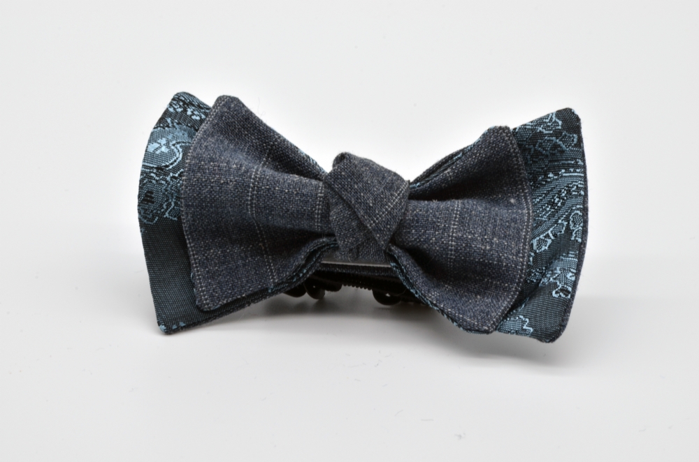 Grey Blue Paisley with Grey Double Pinstripe Double Butterfly with a Knot Boy’s Bow Tie : 1