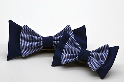 Blue with Blue White Pied de Poule Double Butterfly Bow Tie Set